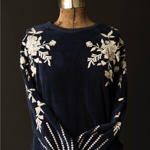 Johnny Was Navy Blue Embroidered Sweatshirt